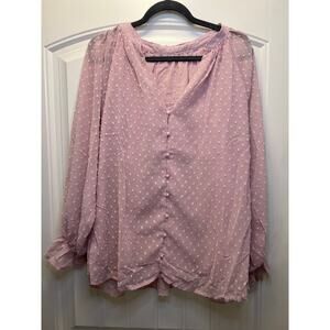 Women’s V-Neck Button Down Puff Long Sleeve Lightweight‎ Blouse Top Size XL Pink
